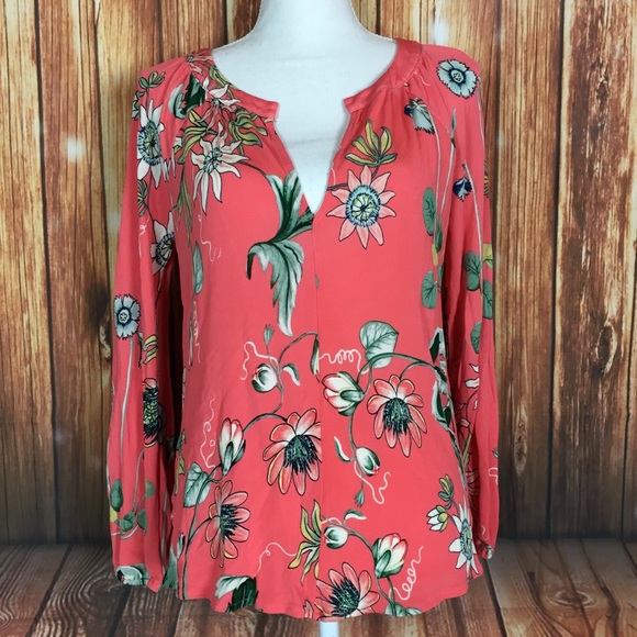 Ann Taylor Tops - Ann Taylor M Floral Coral VNeck Peasant Blouse